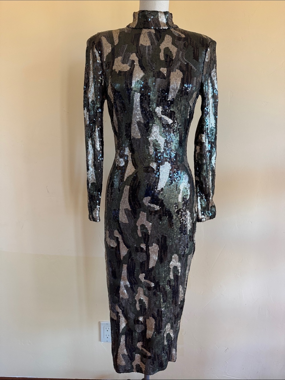 Zara Sequin Camo Long-Sleeve Midi Dress - Green, Black, Gray